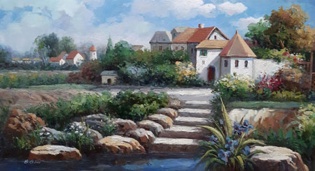 2179-T3 | 90cm x 60cm | rivière près d'un village 